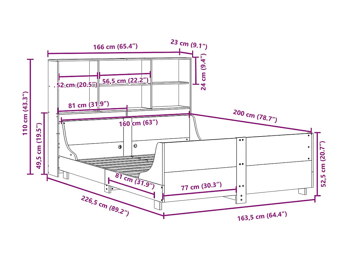 Lit bibliothèque sans matelas 160x200 cm bois massif