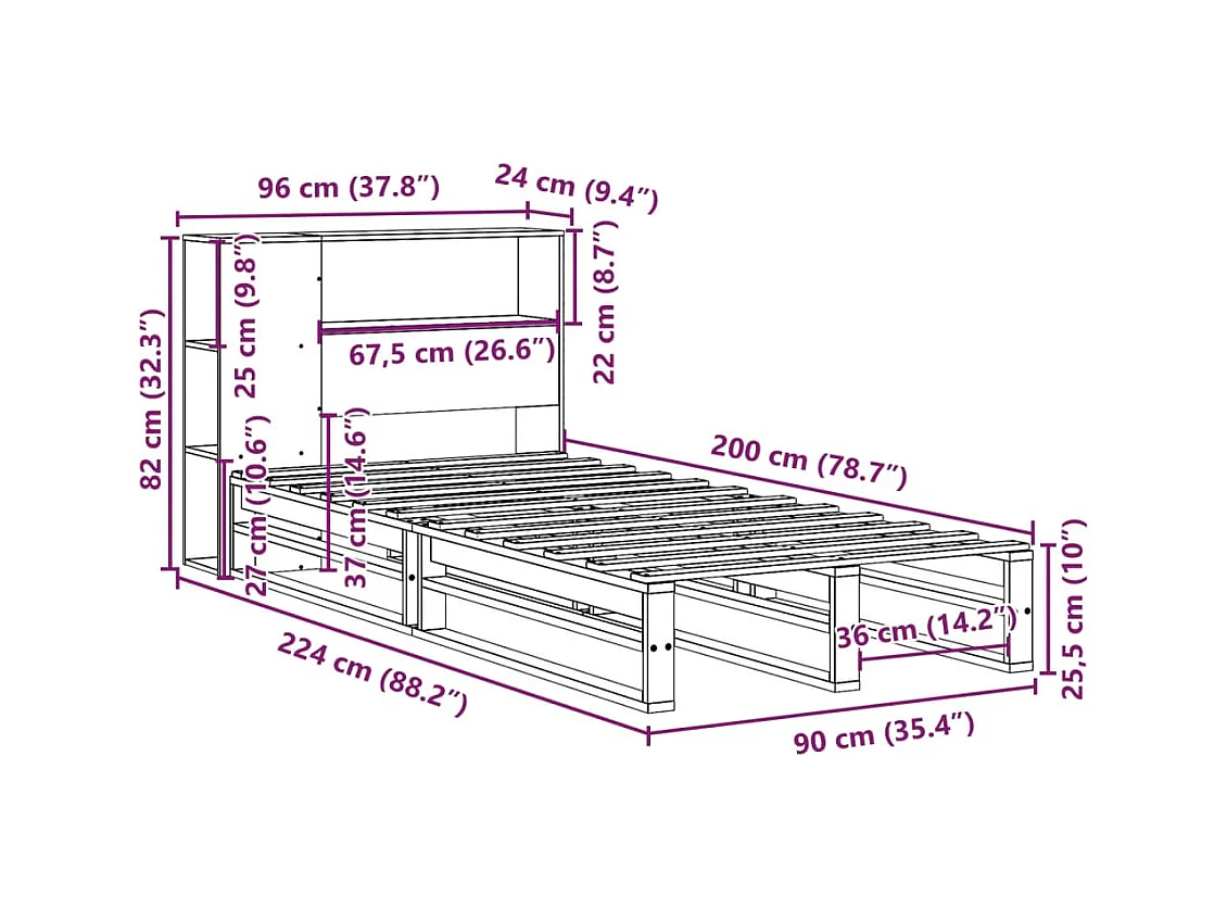Bed met boekenkast zonder matras massief hout wit 90x200 cm
