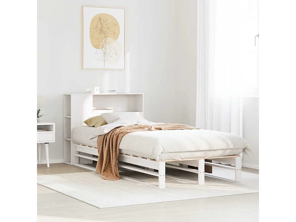 Bed met boekenkast zonder matras massief hout wit 90x200 cm