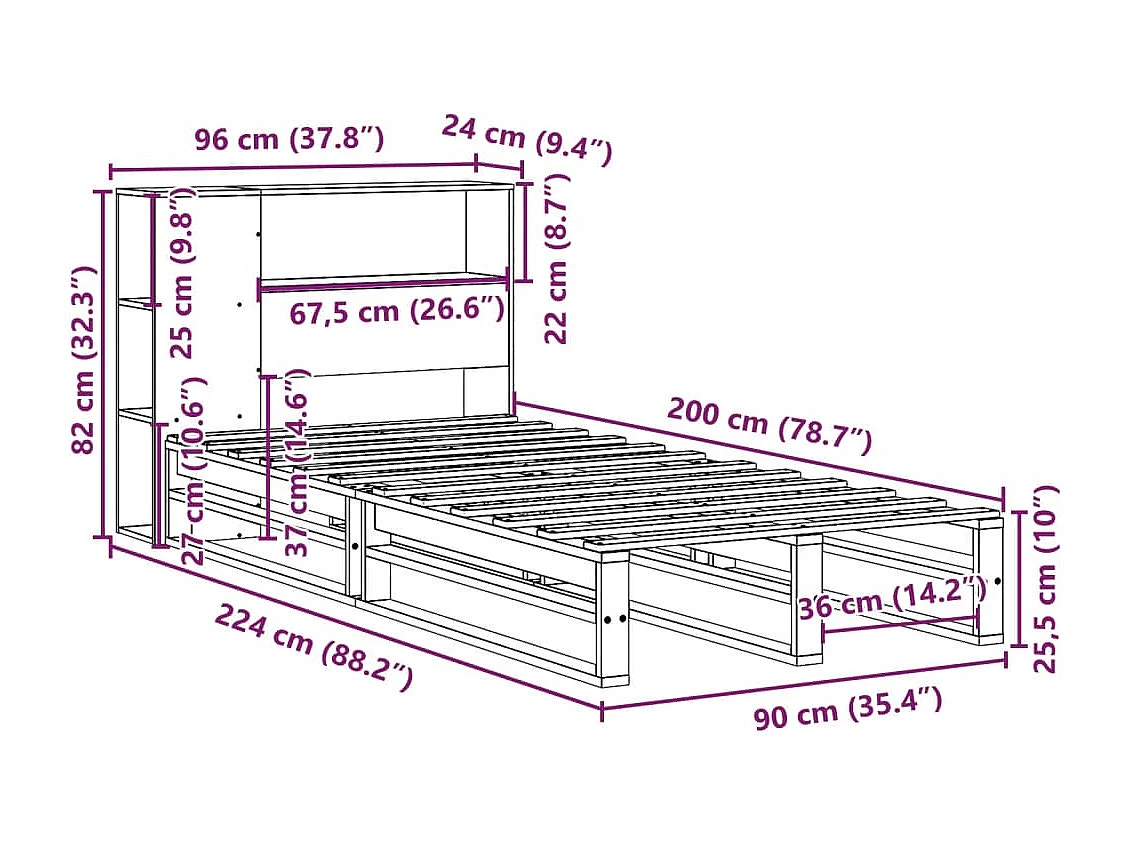 Bed met boekenkast zonder matras massief hout wit 90x200 cm