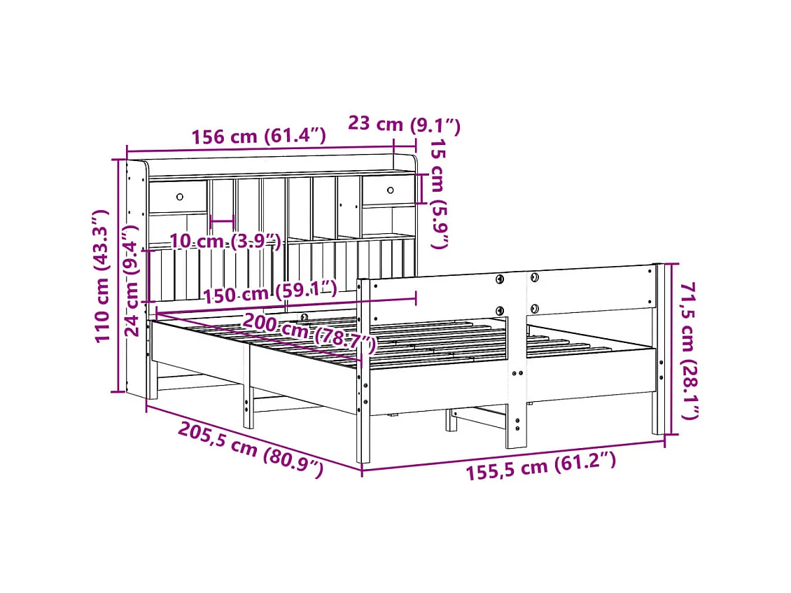 Cama com estante sem colchão 150x200 cm pinho maciço