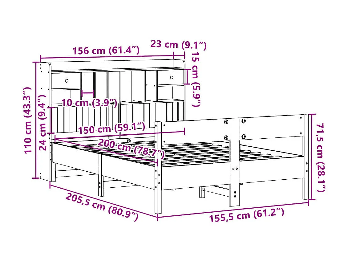 Lit bibliothèque sans matelas cire marron 150x200 cm pin massif