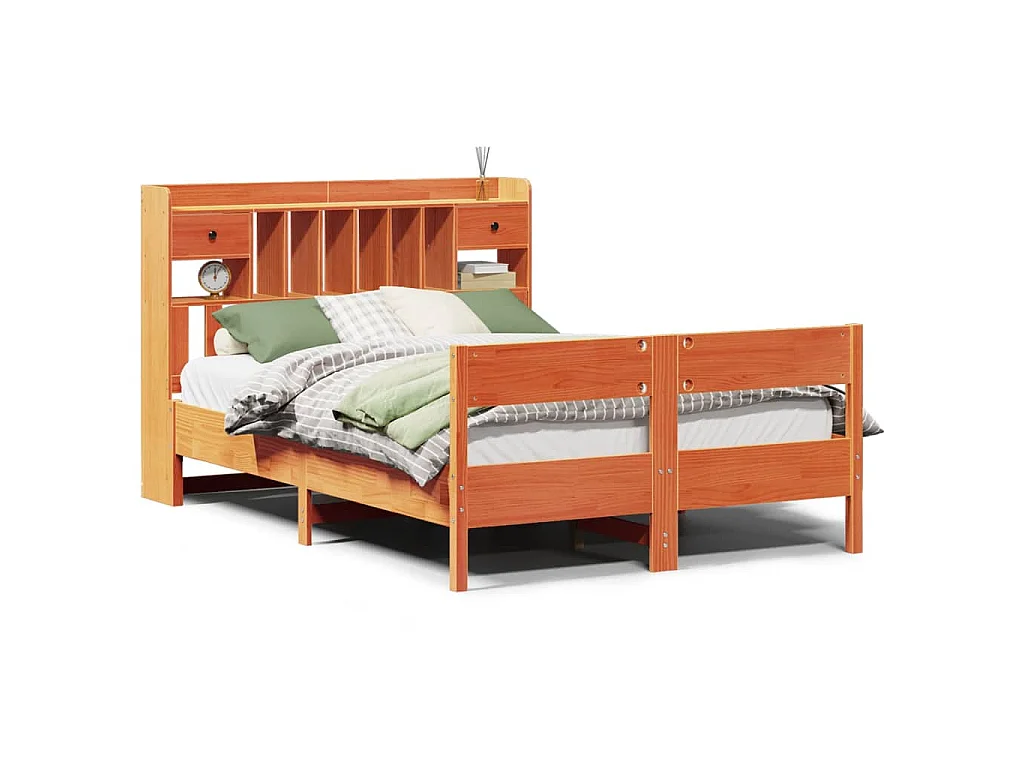 Lit bibliothèque sans matelas cire marron 150x200 cm pin massif