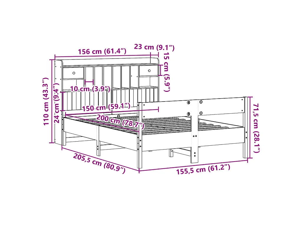 Lit bibliothèque sans matelas cire marron 150x200 cm pin massif