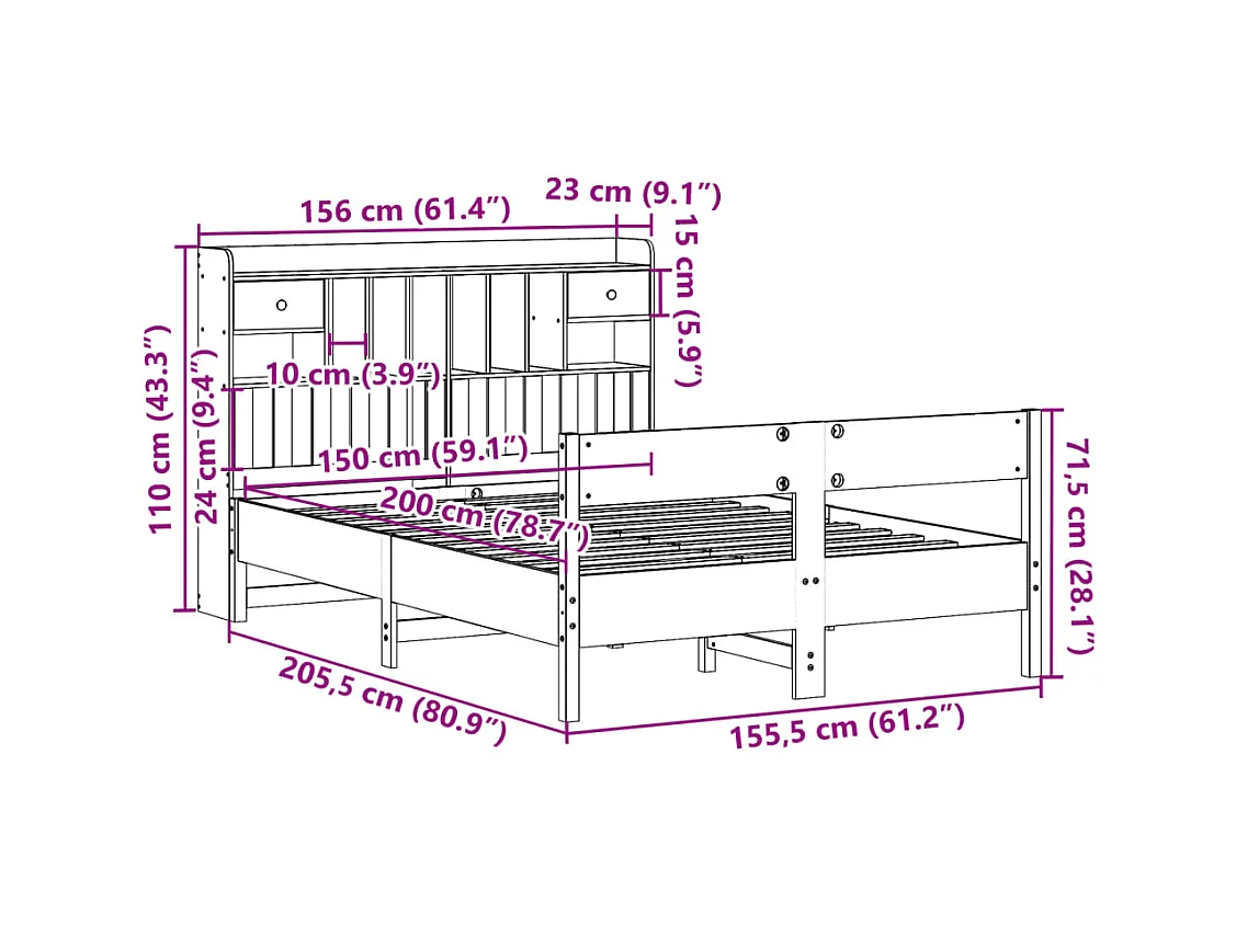 Lit bibliothèque sans matelas 150x200 cm bois massif de pin