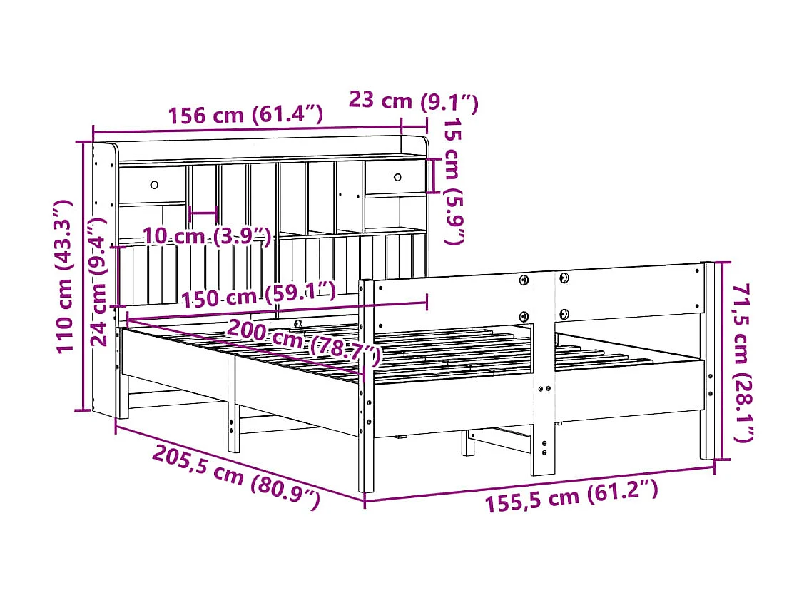 Lit bibliothèque sans matelas 150x200 cm bois massif de pin