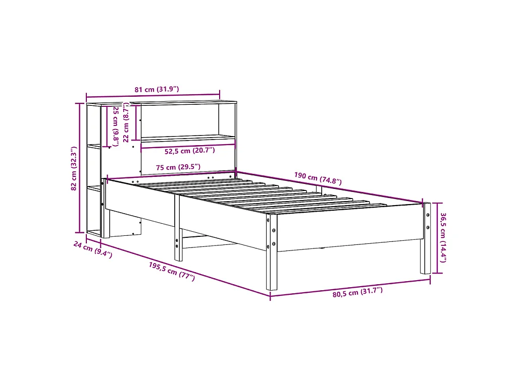 Giroletto con Libreria senza Materasso 75x190 cm in Legno Pino