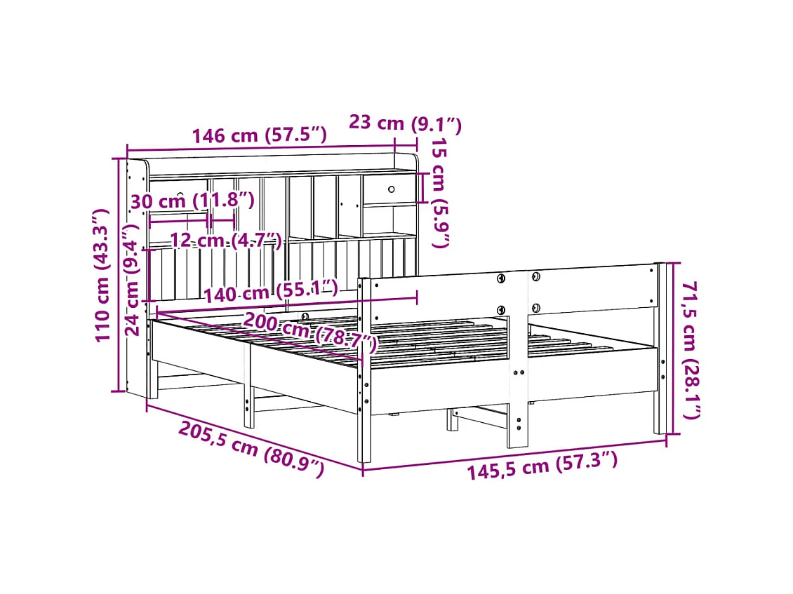 Lit bibliothèque sans matelas 140x200 cm bois massif de pin