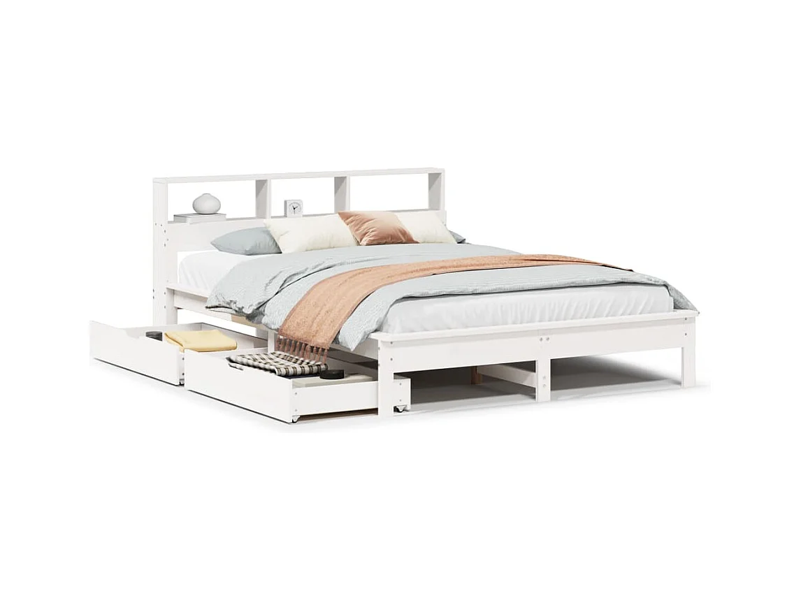 Lit bibliothèque sans matelas blanc 135x190 cm bois pin massif