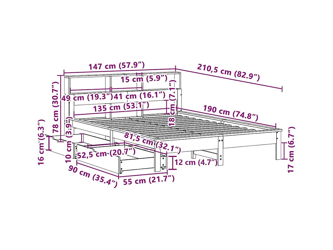Lit bibliothèque sans matelas blanc 135x190 cm bois pin massif