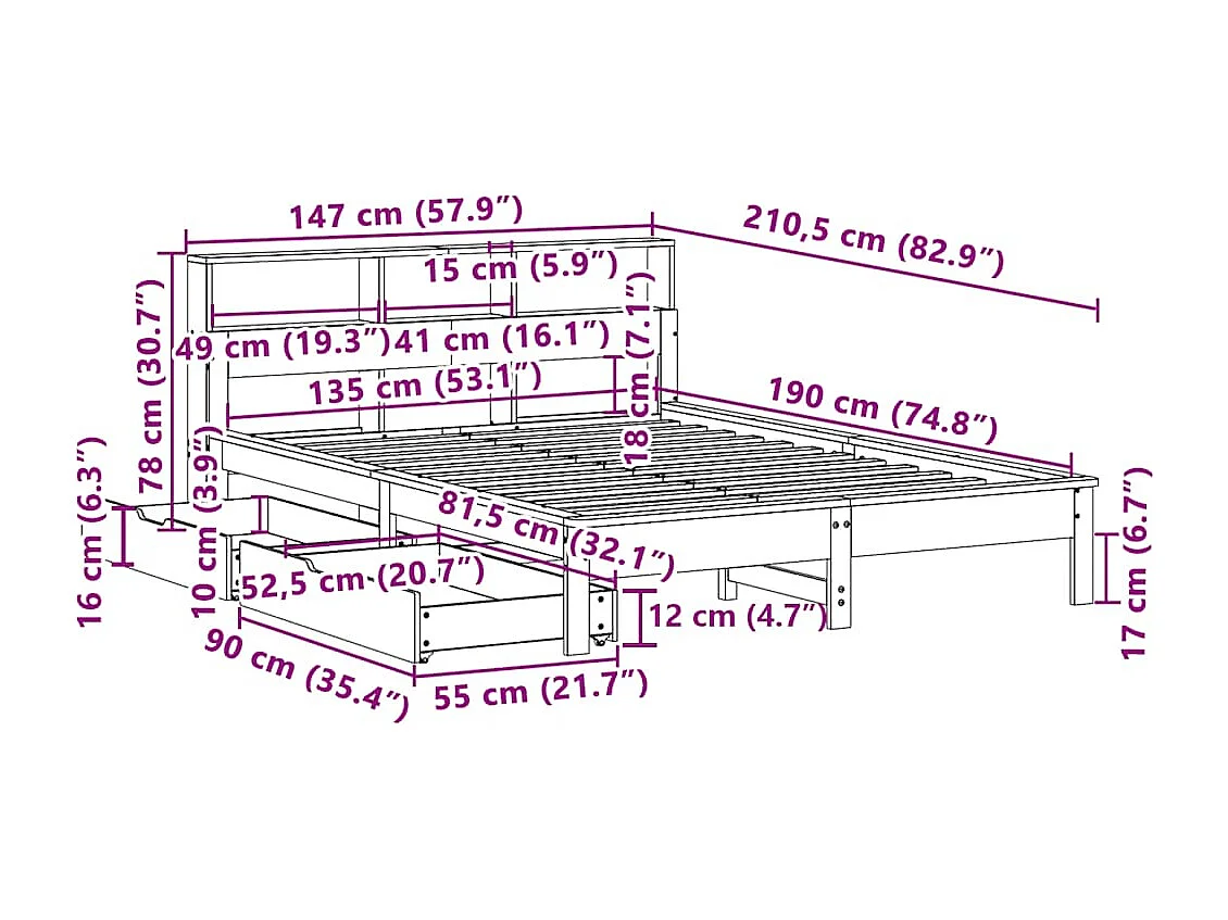 Cama con estantería sin colchón madera maciza blanca 135x190 cm