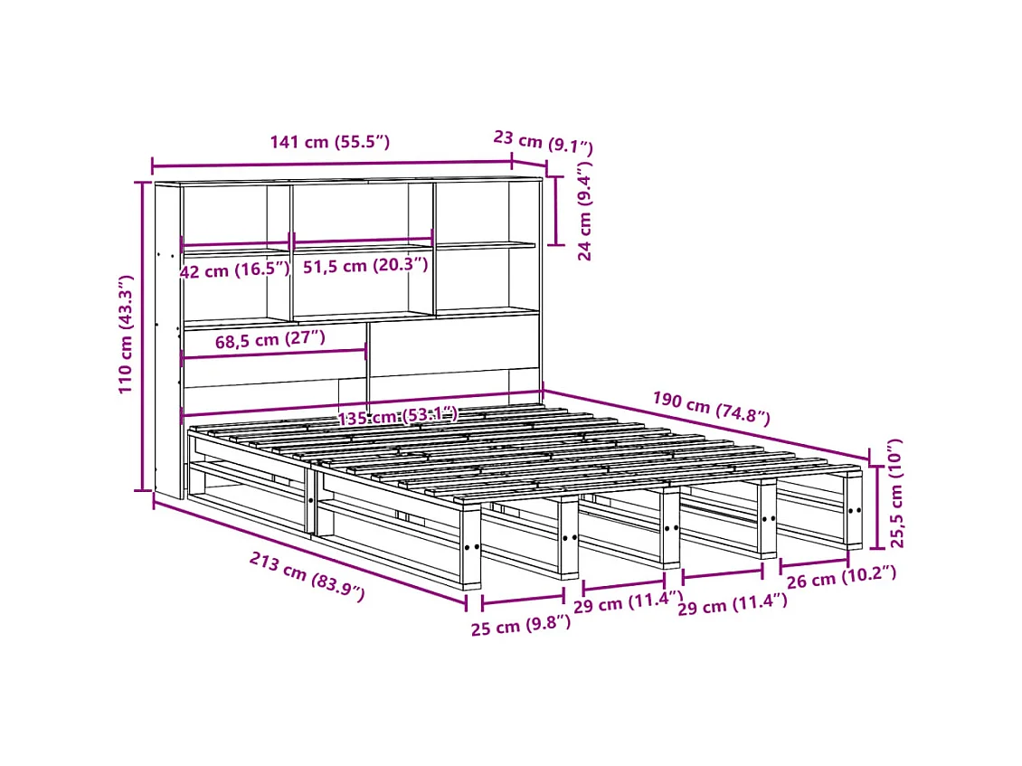 Lit bibliothèque sans matelas cire marron 135x190cm bois massif