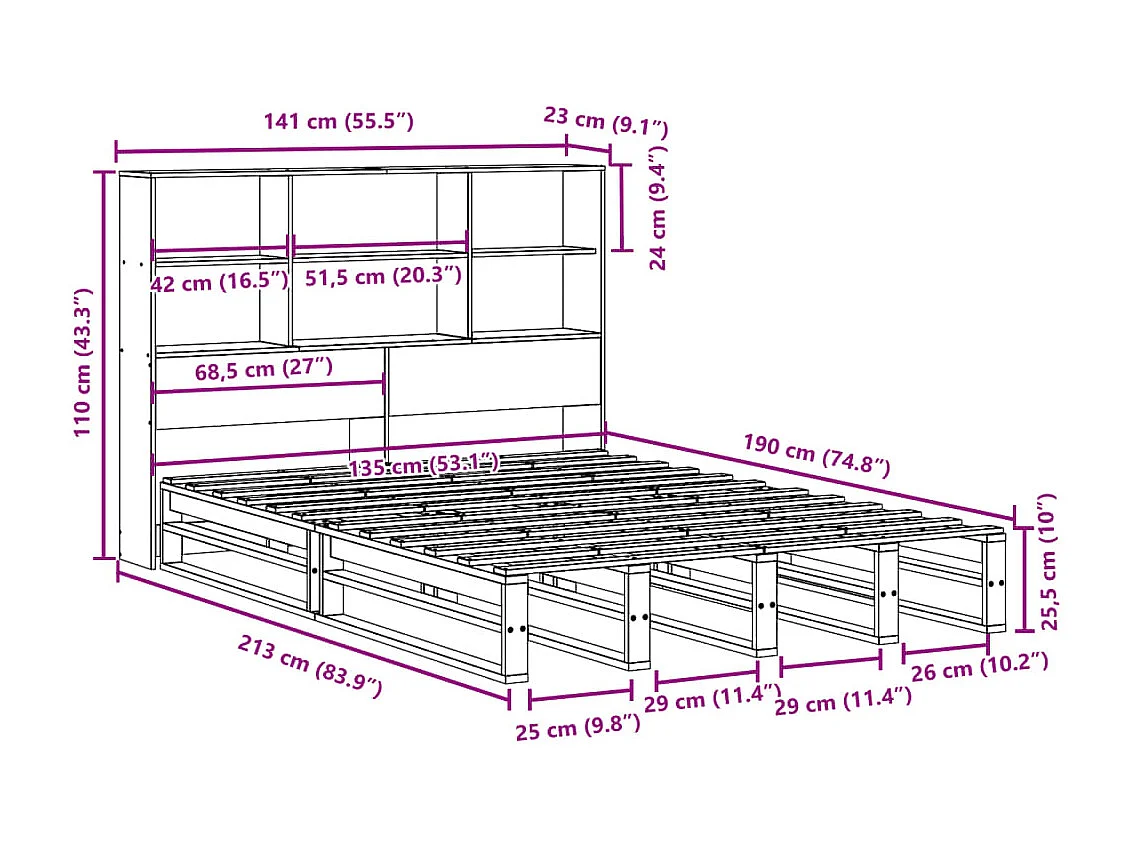 Lit bibliothèque sans matelas cire marron 135x190cm bois massif