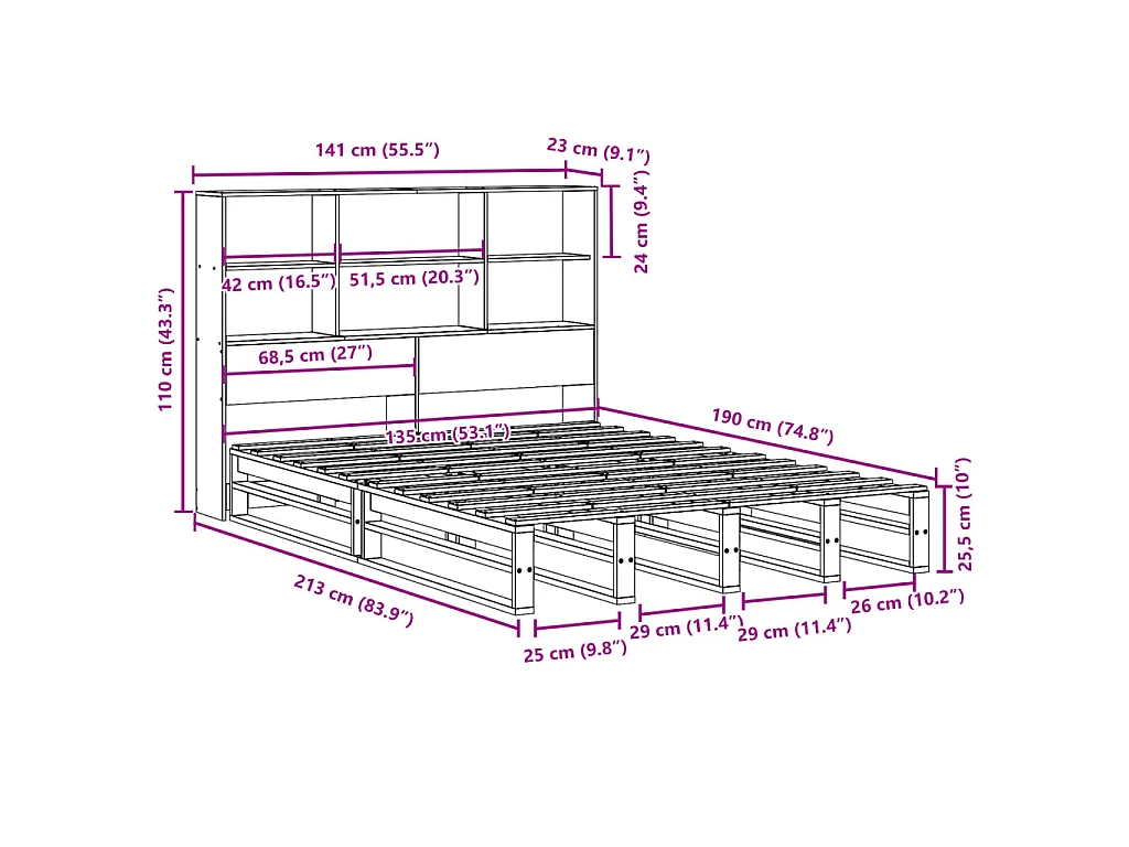 Cama com estante sem colchão 135x190 cm madeira maciça