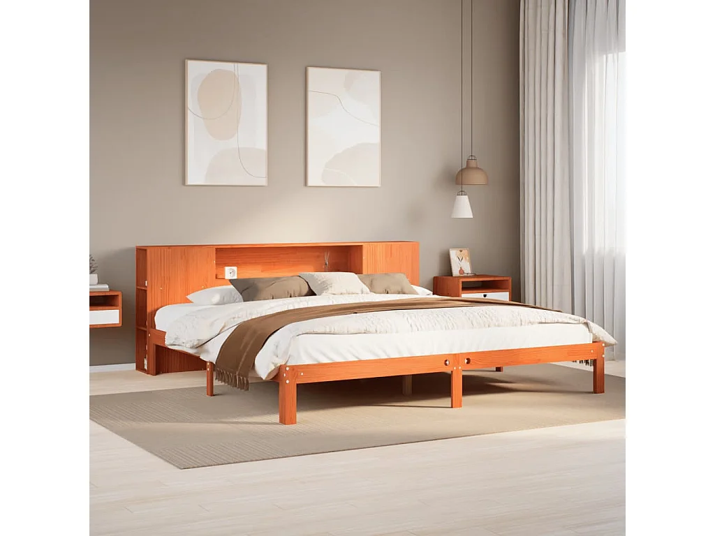 Massivholzbett mit Regal ohne Matratze Wachsbraun 180x200 cm