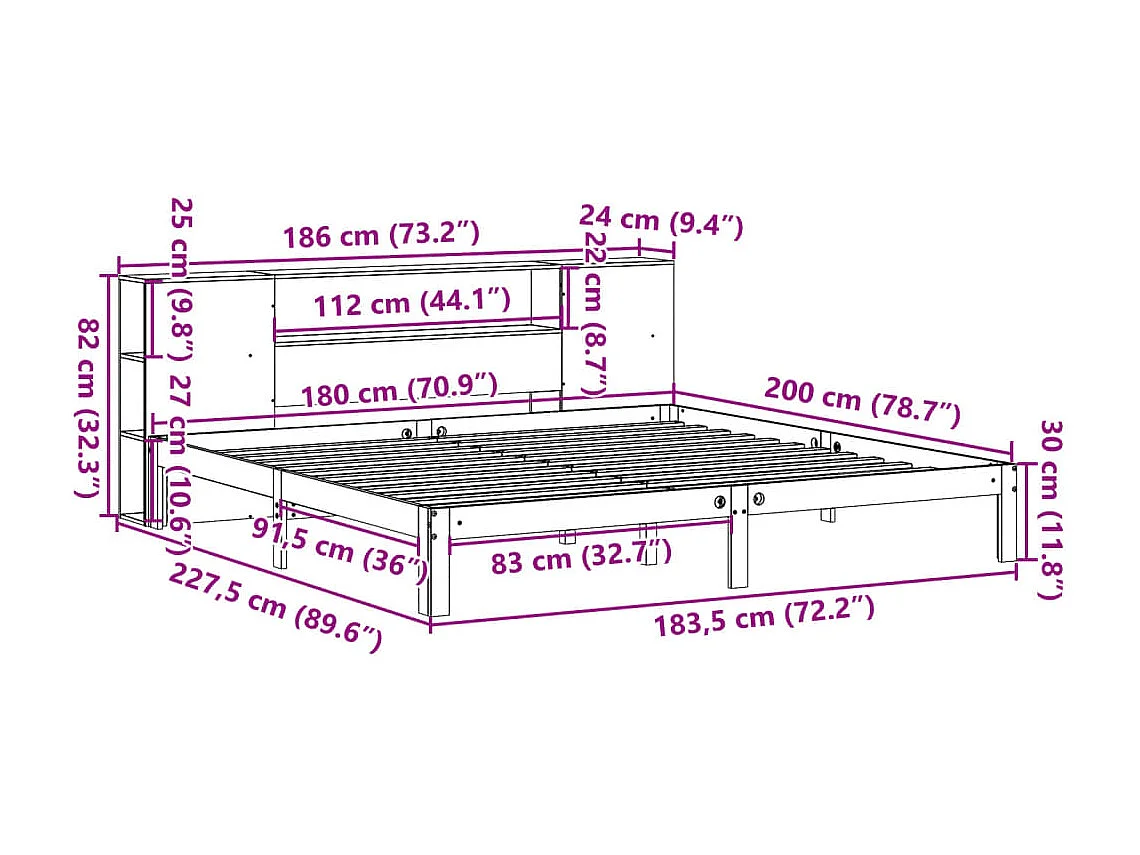 Massivholzbett mit Regal ohne Matratze Wachsbraun 180x200 cm