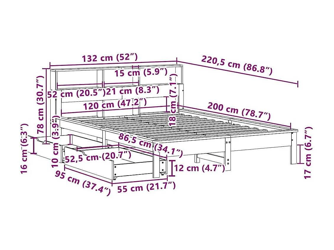 Lit bibliothèque sans matelas cire marron 120x200 cm pin massif