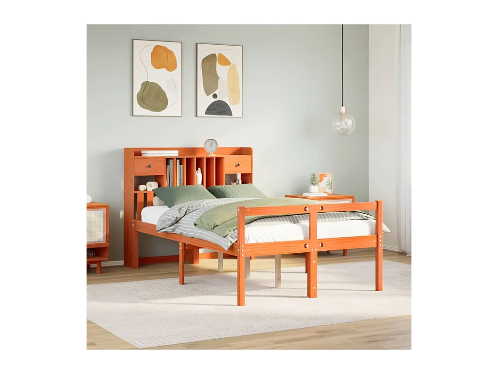 Massivholzbett mit Regal ohne Matratze Wachsbraun 135x190 cm