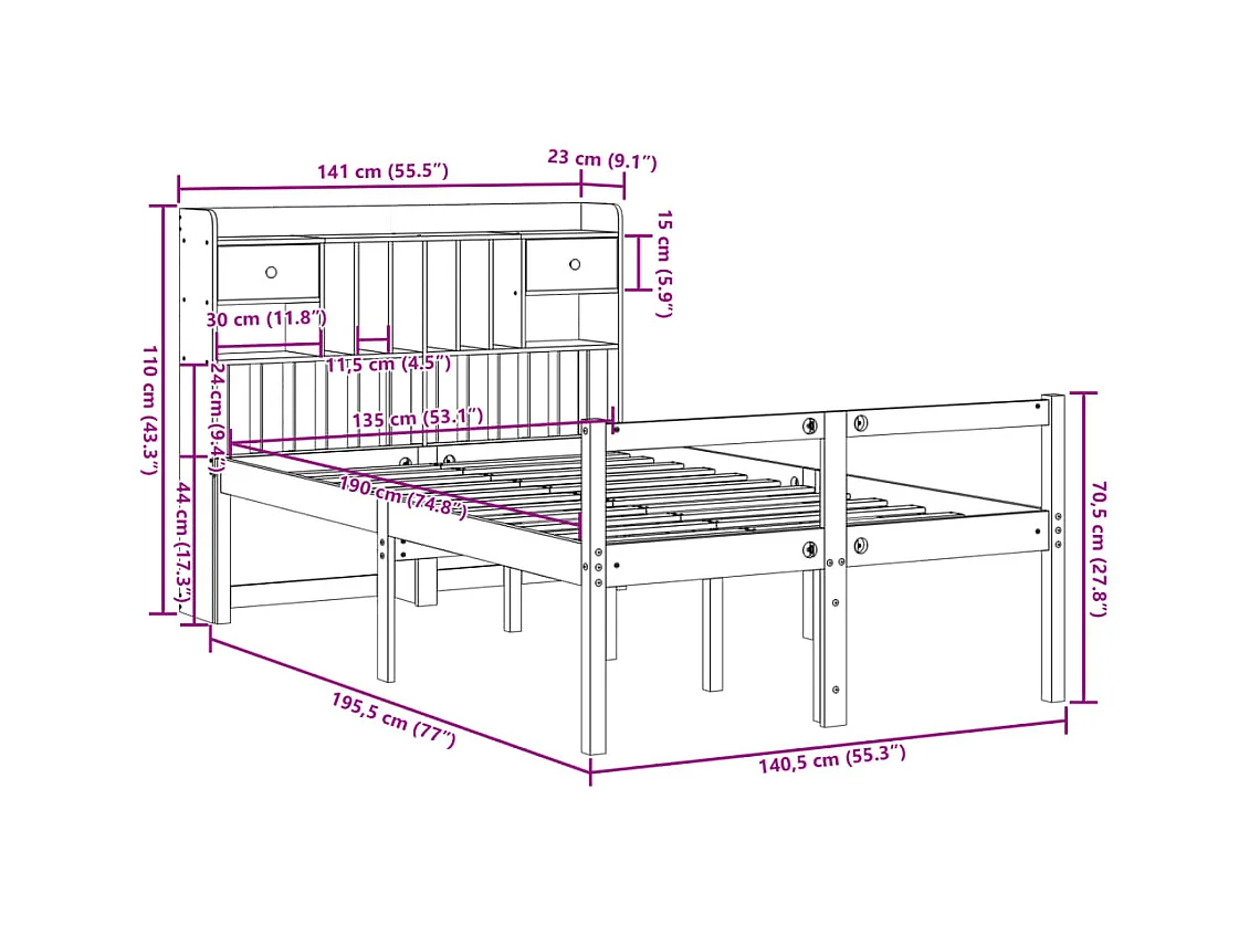 Massivholzbett mit Regal ohne Matratze Wachsbraun 135x190 cm