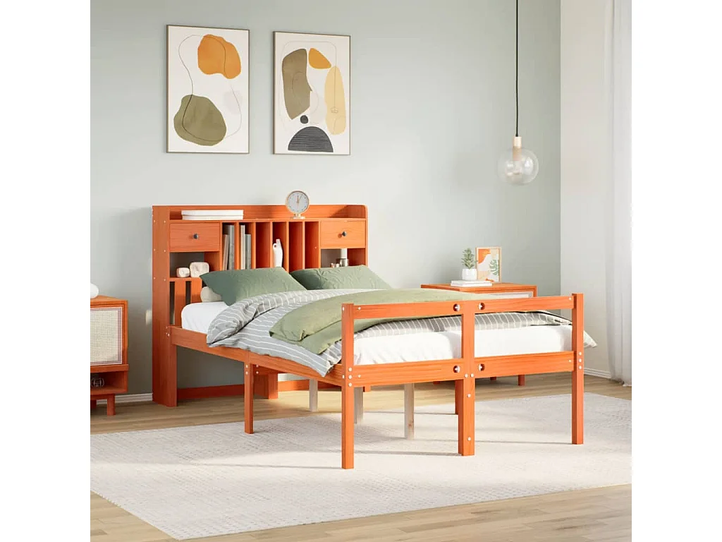 Bed met boekenkast zonder matras grenenhout wasbruin 135x190 cm