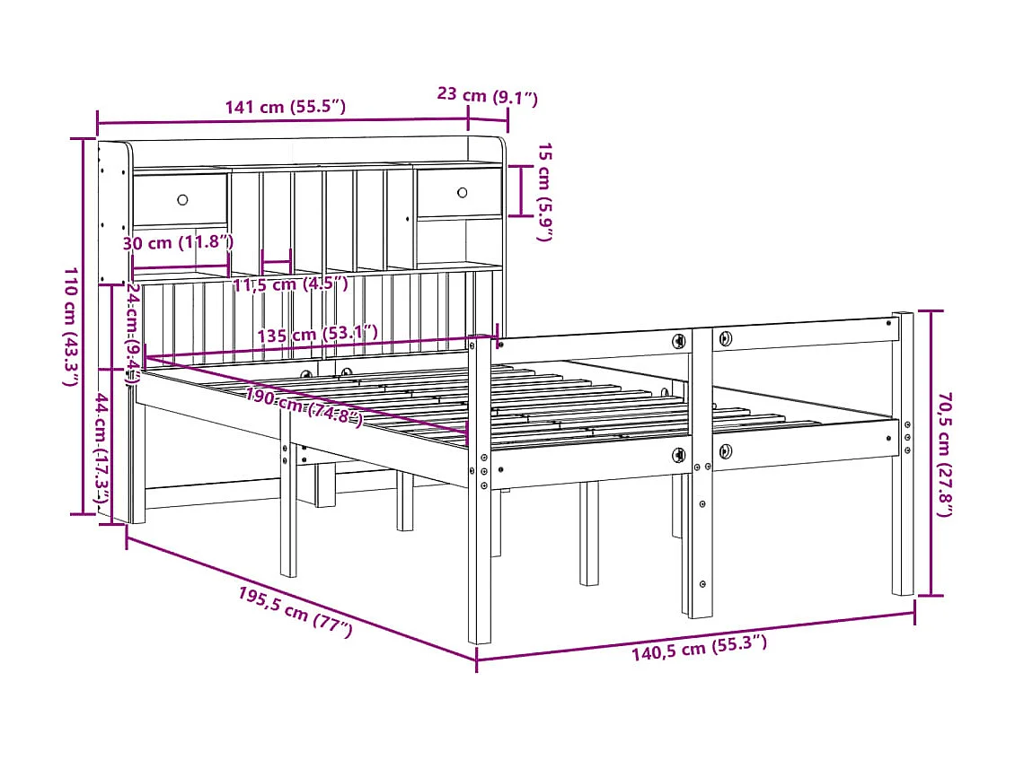 Bed met boekenkast zonder matras grenenhout wasbruin 135x190 cm