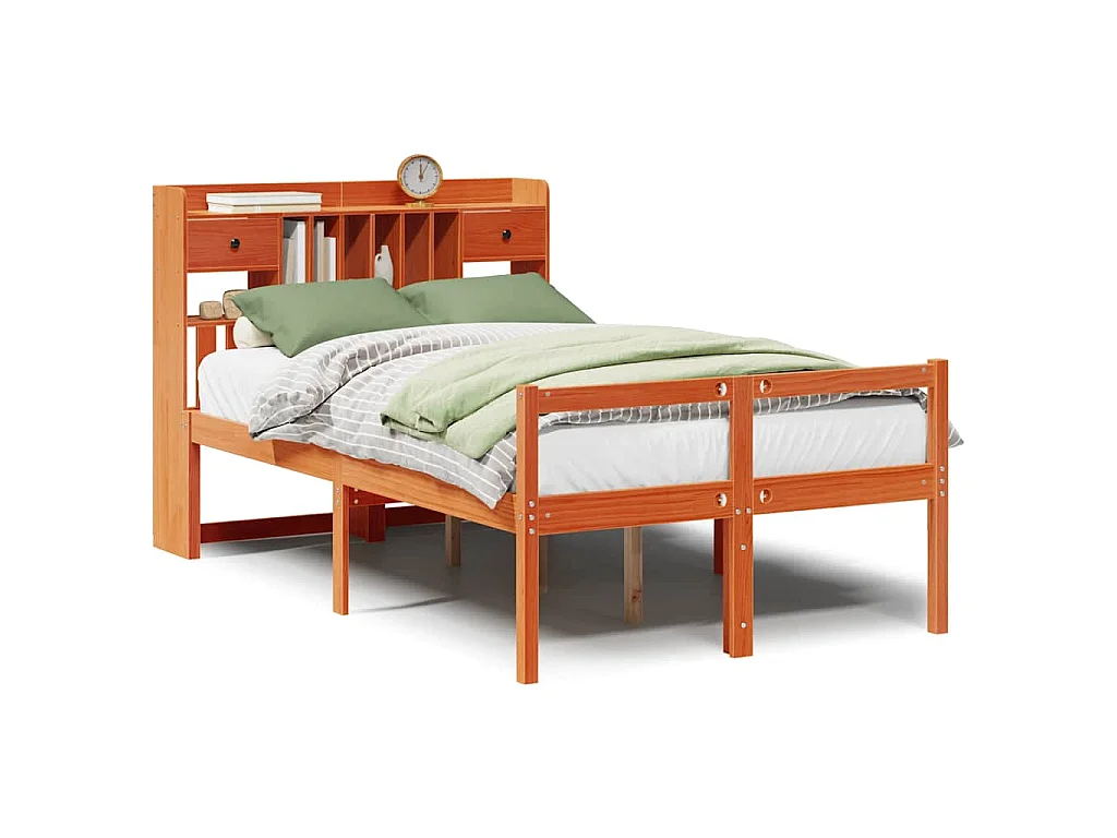 Massivholzbett mit Regal ohne Matratze Wachsbraun 135x190 cm