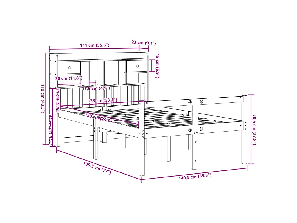 Massivholzbett mit Regal ohne Matratze Wachsbraun 135x190 cm