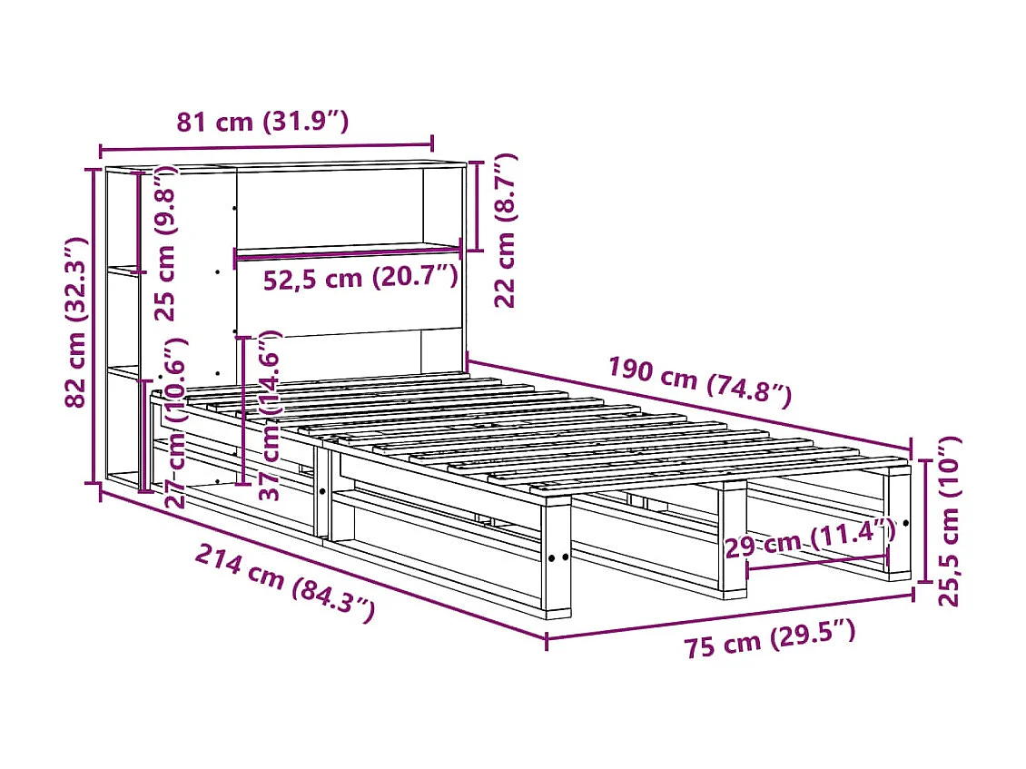 Lit bibliothèque sans matelas cire marron 75x190 cm bois massif
