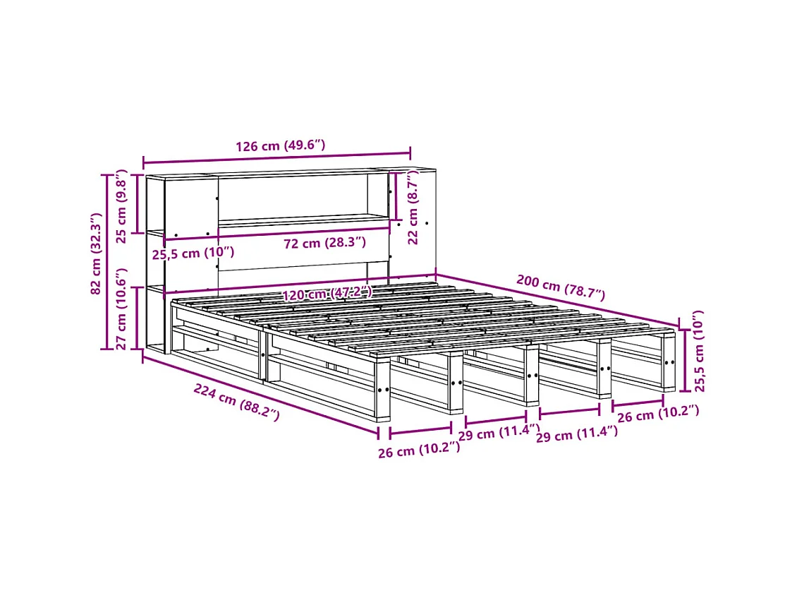 Lit bibliothèque sans matelas 120x200 cm bois massif