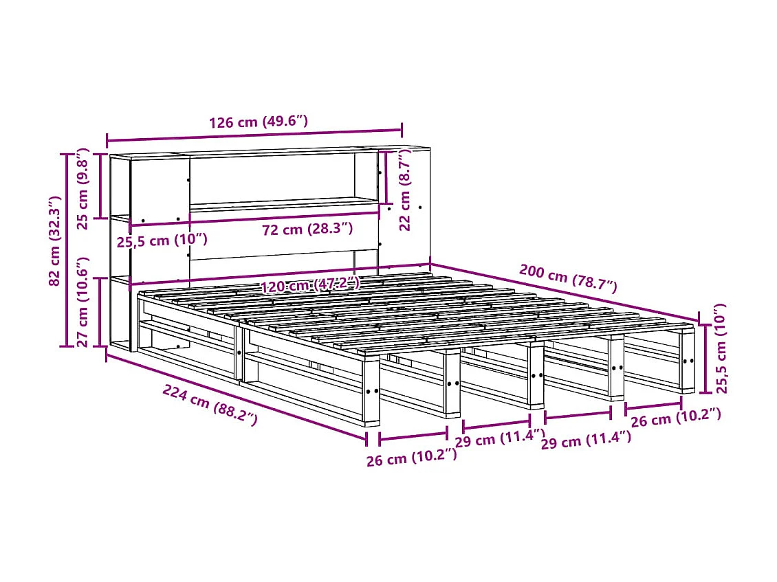 Cama con estantería sin colchón madera maciza 120x200 cm