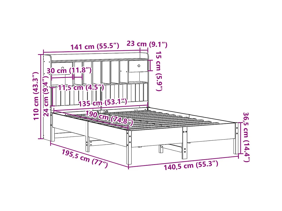 Bed met boekenkast zonder matras grenenhout wit 135x190 cm
