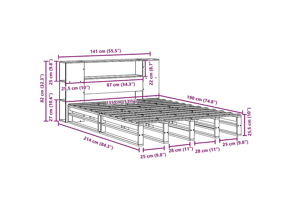 Lit bibliothèque sans matelas cire marron 135x190cm bois massif