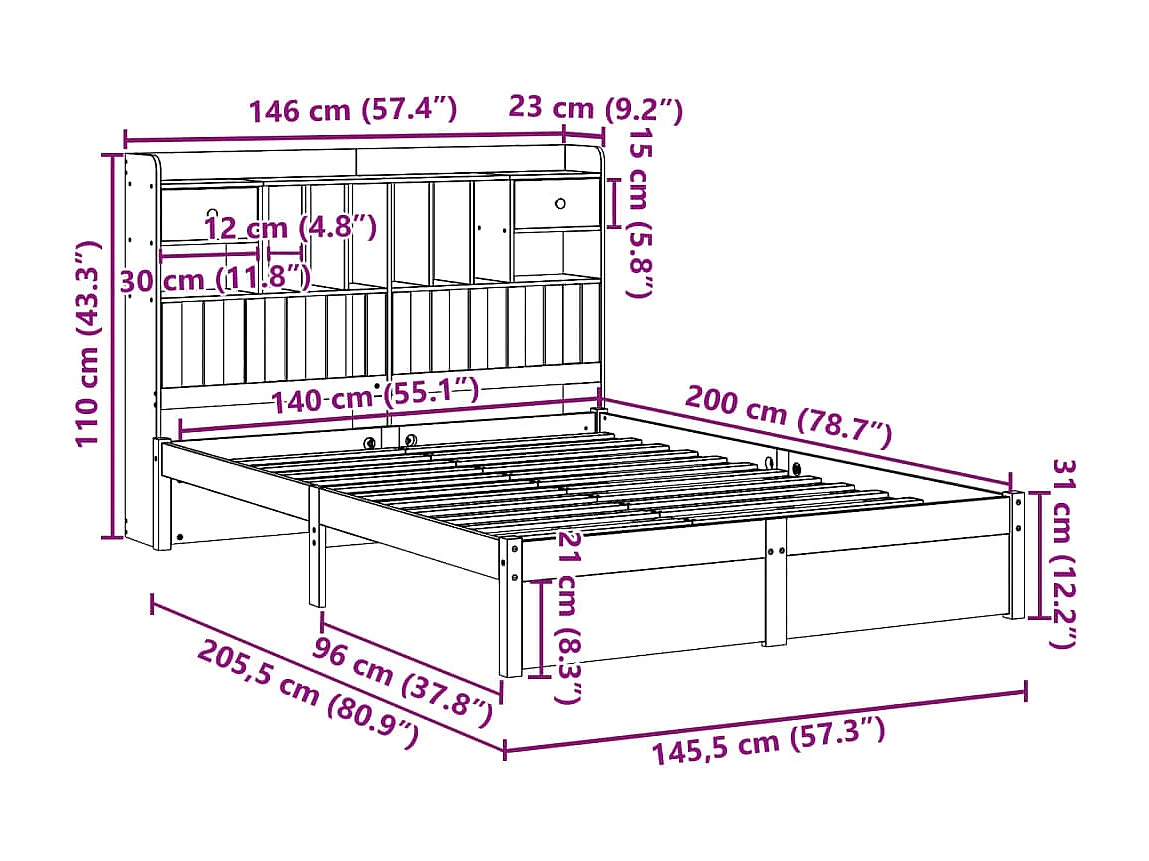 Lit bibliothèque sans matelas blanc 140x200 cm bois pin massif