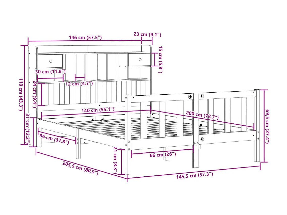 Massivholzbett mit Regal ohne Matratze Weiß 140x200 cm Kiefer