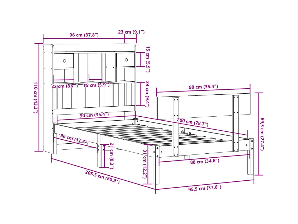 Lit bibliothèque sans matelas blanc 90x200cm bois de pin massif