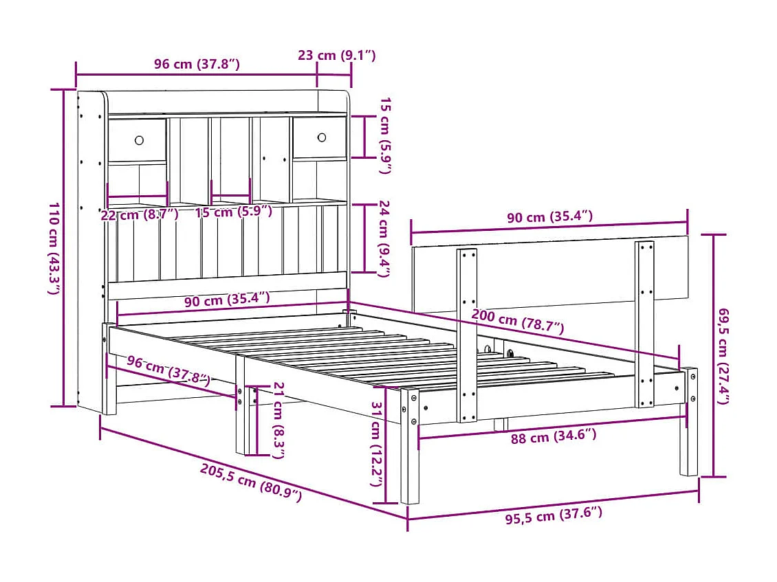 Cama con estantería sin colchón madera maciza blanco 90x200 cm