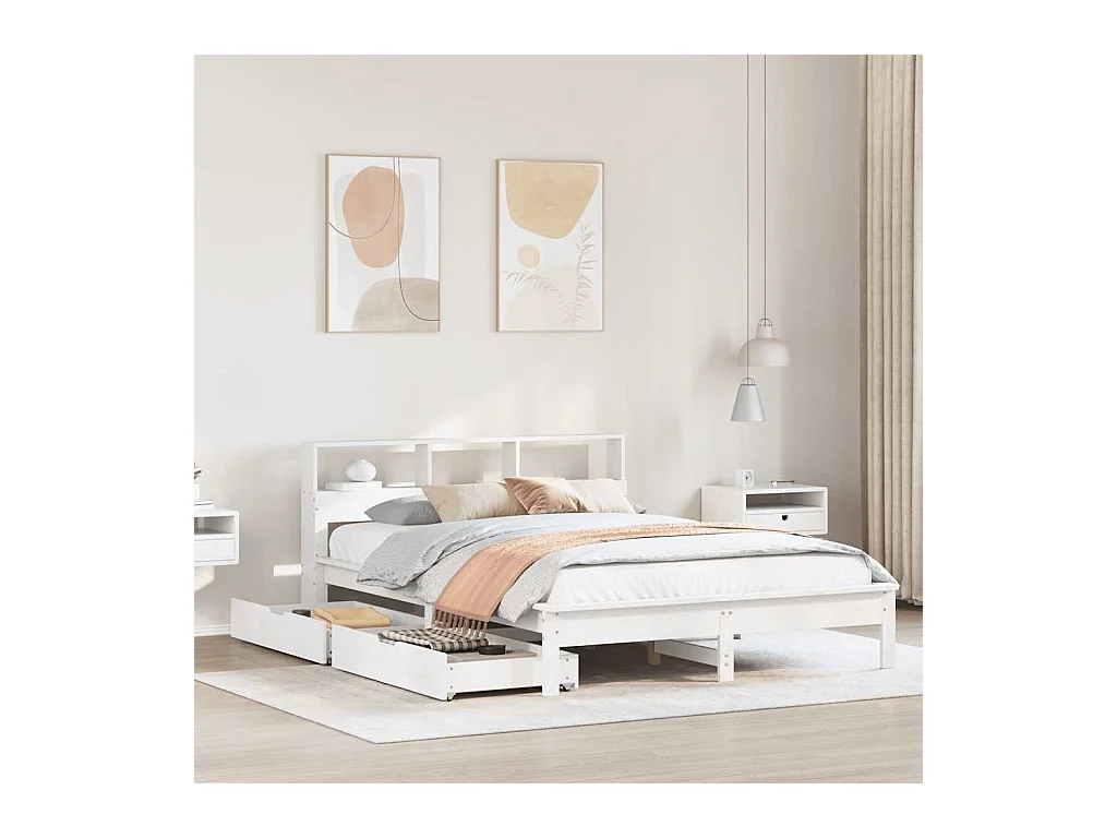 Massivholzbett mit Regal ohne Matratze Weiß 160x200 cm Kiefer