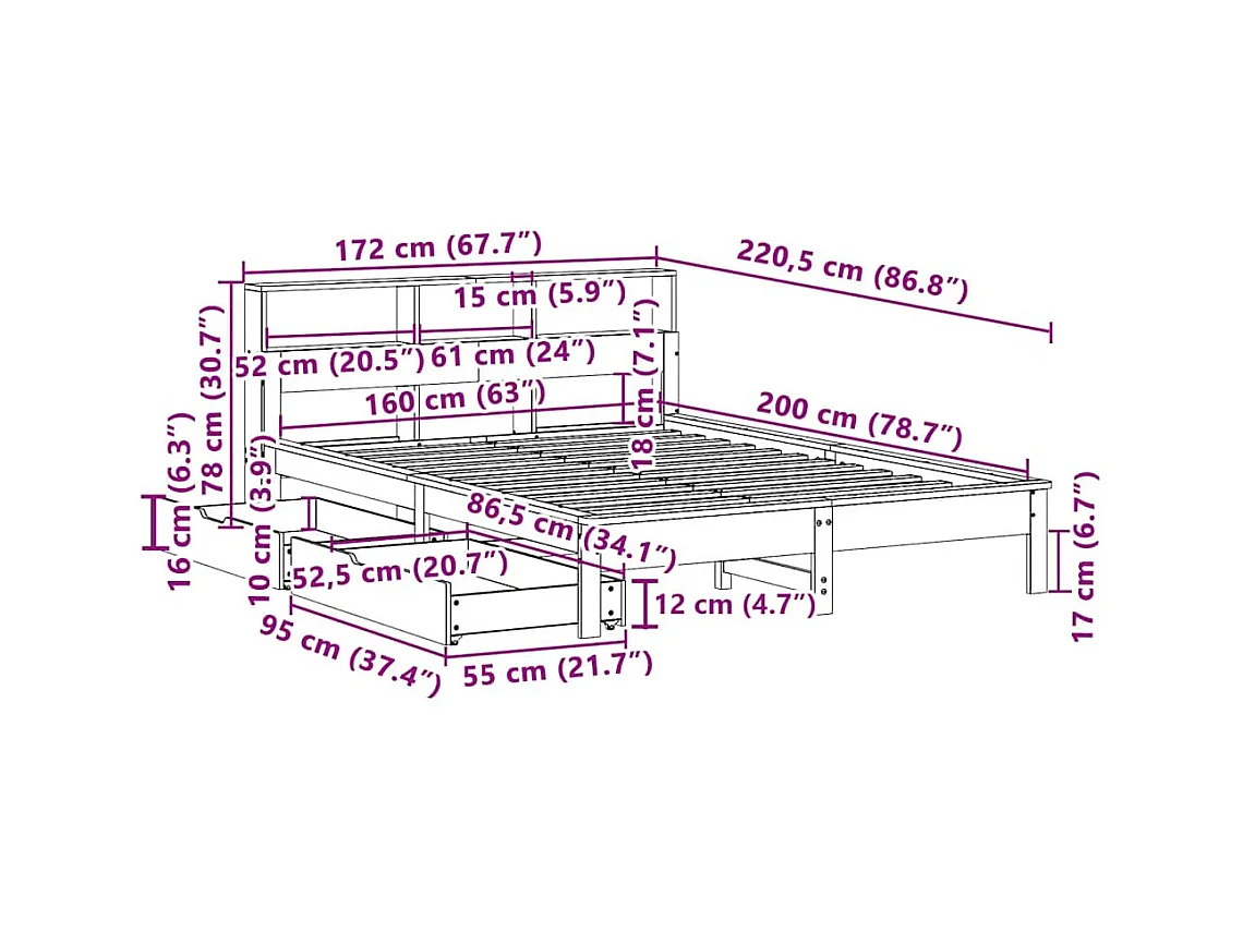 Massivholzbett mit Regal ohne Matratze Weiß 160x200 cm Kiefer