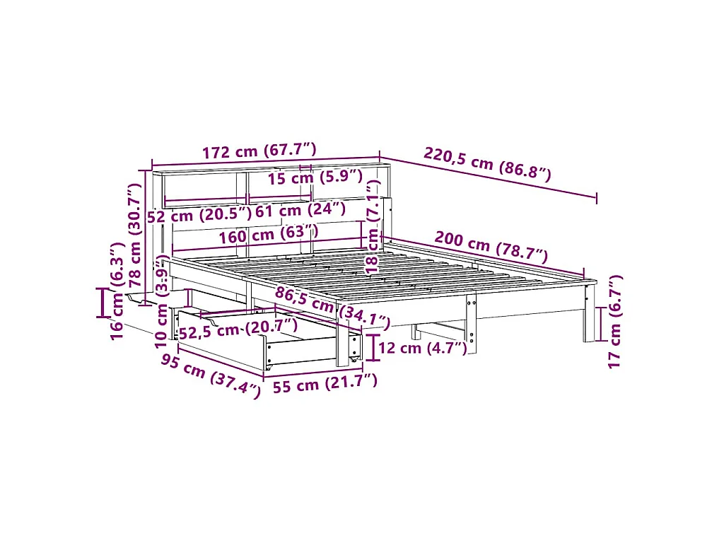 Bed met boekenkast zonder matras grenenhout wit 160x200 cm