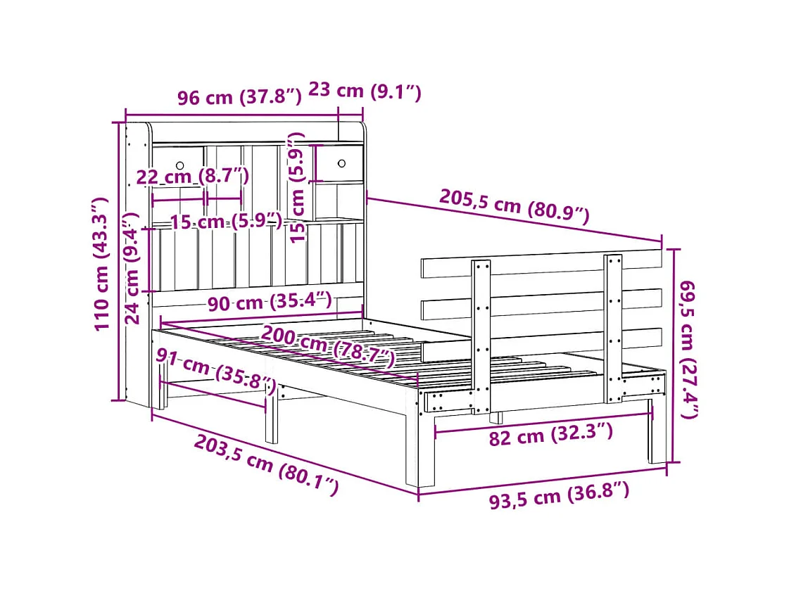 Lit bibliothèque sans matelas 90x200 cm bois de pin massif