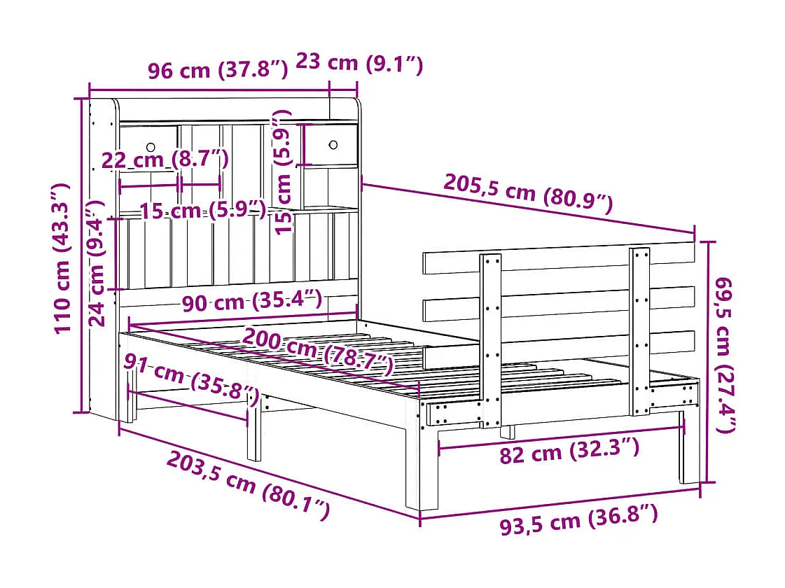Lit bibliothèque sans matelas 90x200 cm bois de pin massif