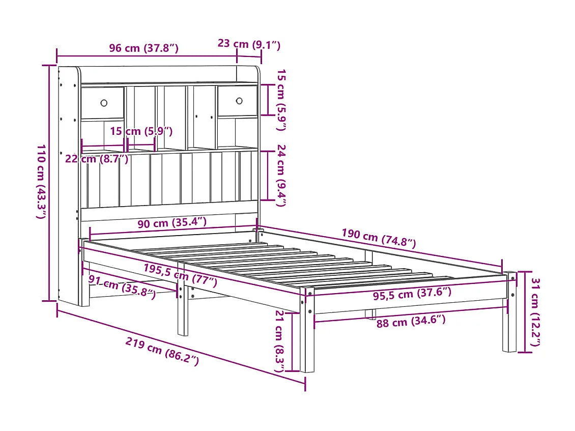 Cama com estante sem colchão 90x190 cm pinho maciço