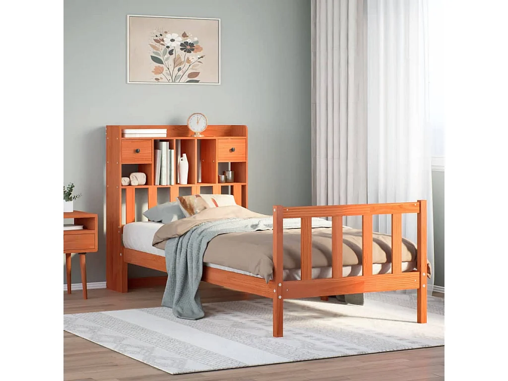 Letto Libreria senza Materasso Marrone Cera 100x200 cm in Pino