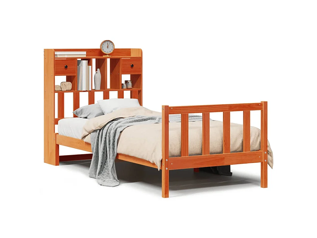 Bed met boekenkast zonder matras grenenhout wasbruin 100x200 cm