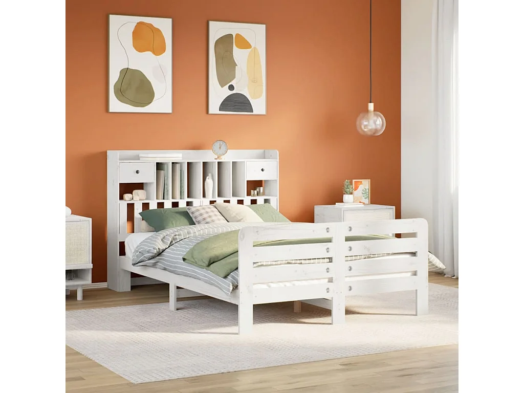 Lit bibliothèque sans matelas blanc 150x200 cm bois pin massif