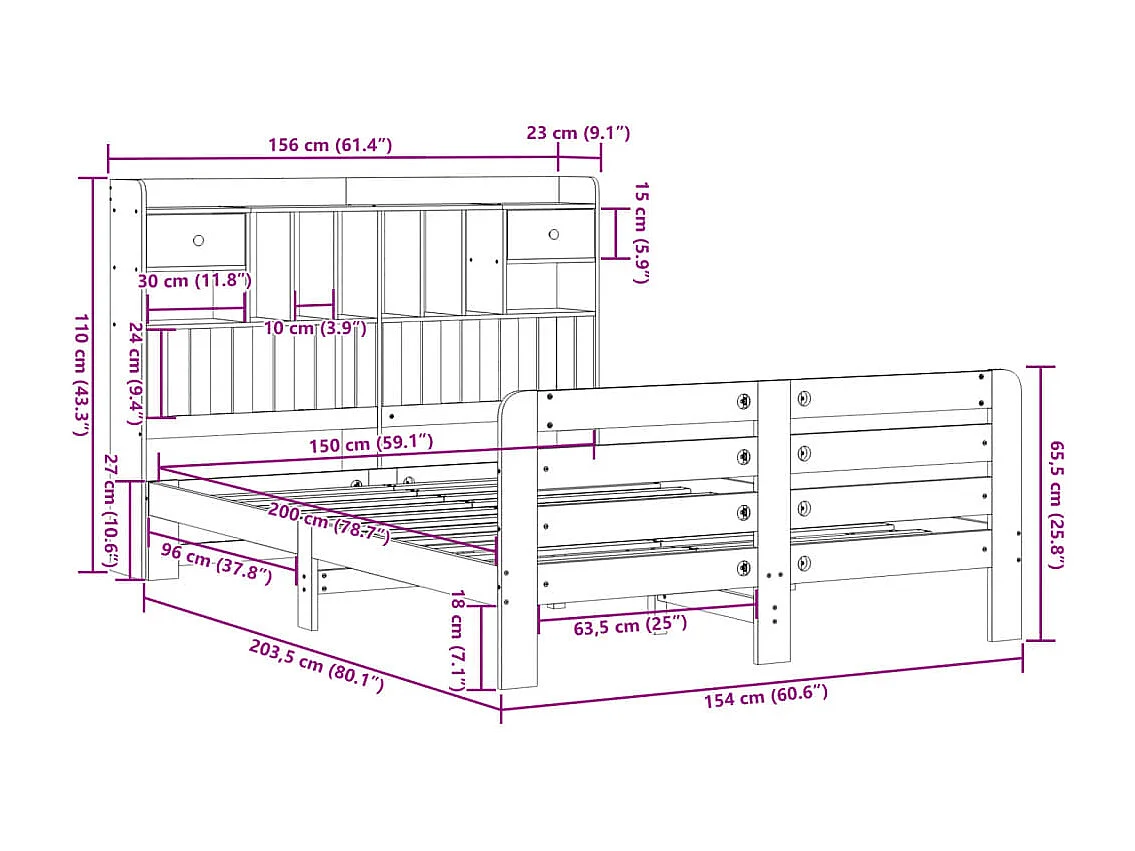 Lit bibliothèque sans matelas blanc 150x200 cm bois pin massif