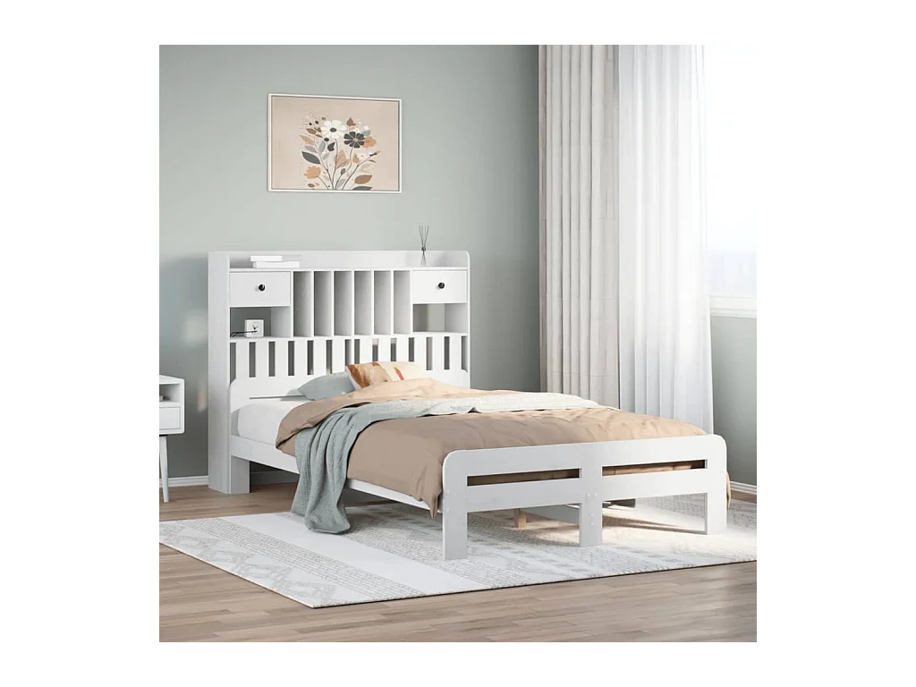 Lit bibliothèque sans matelas blanc 135x190 cm bois pin massif