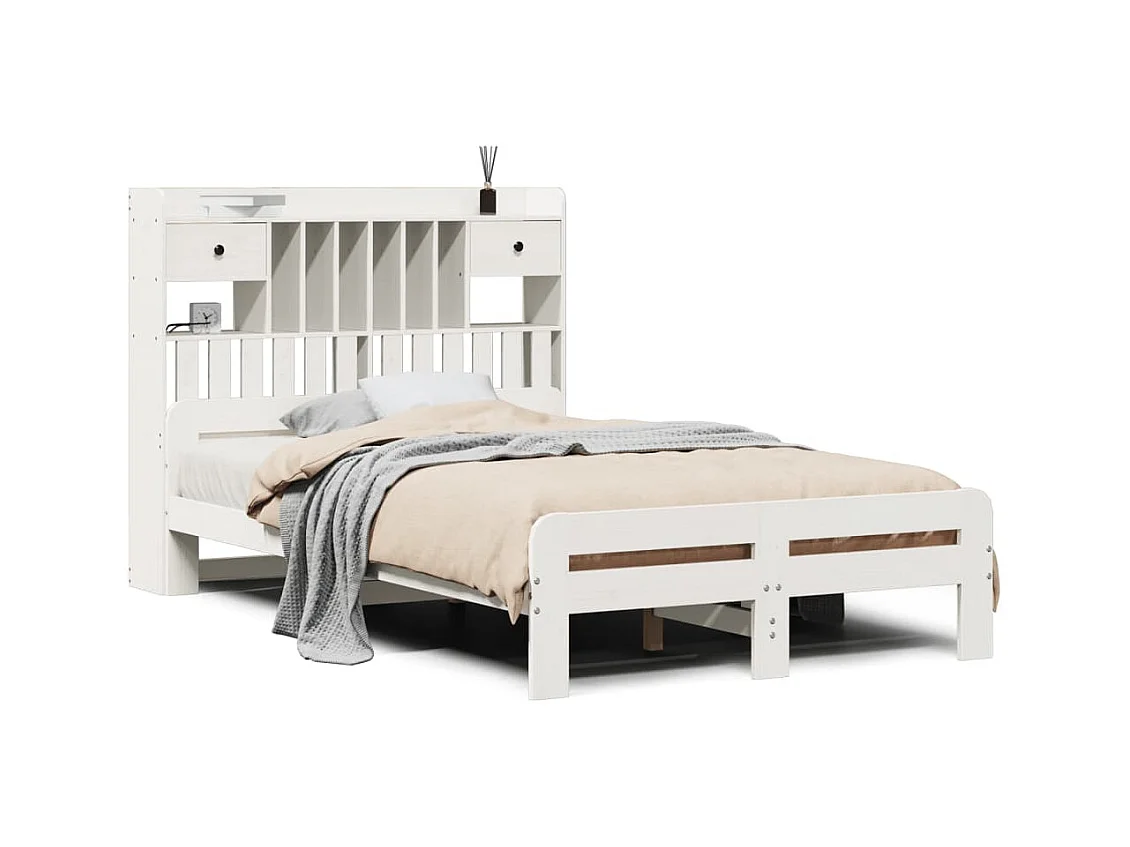 Lit bibliothèque sans matelas blanc 135x190 cm bois pin massif
