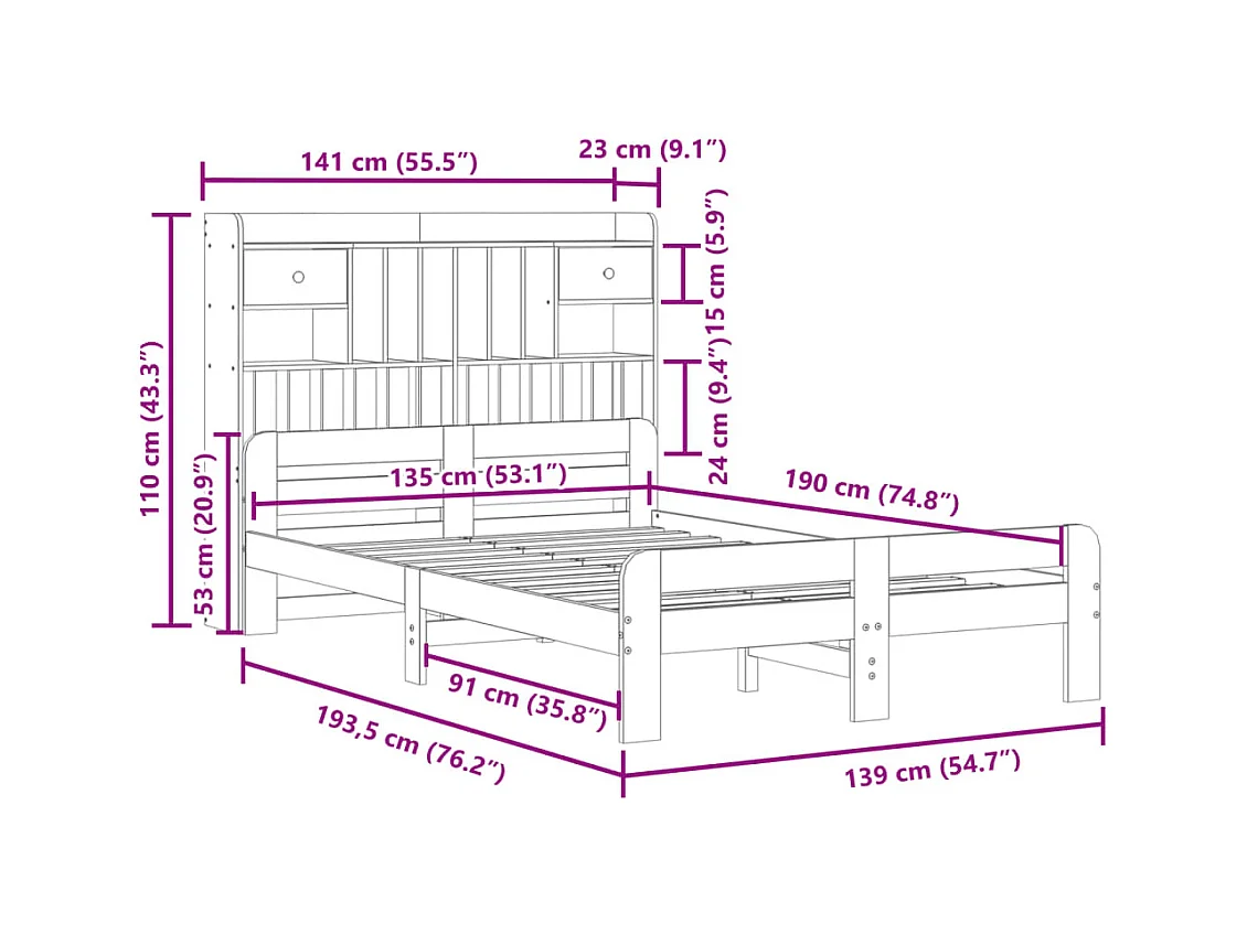 Lit bibliothèque sans matelas blanc 135x190 cm bois pin massif