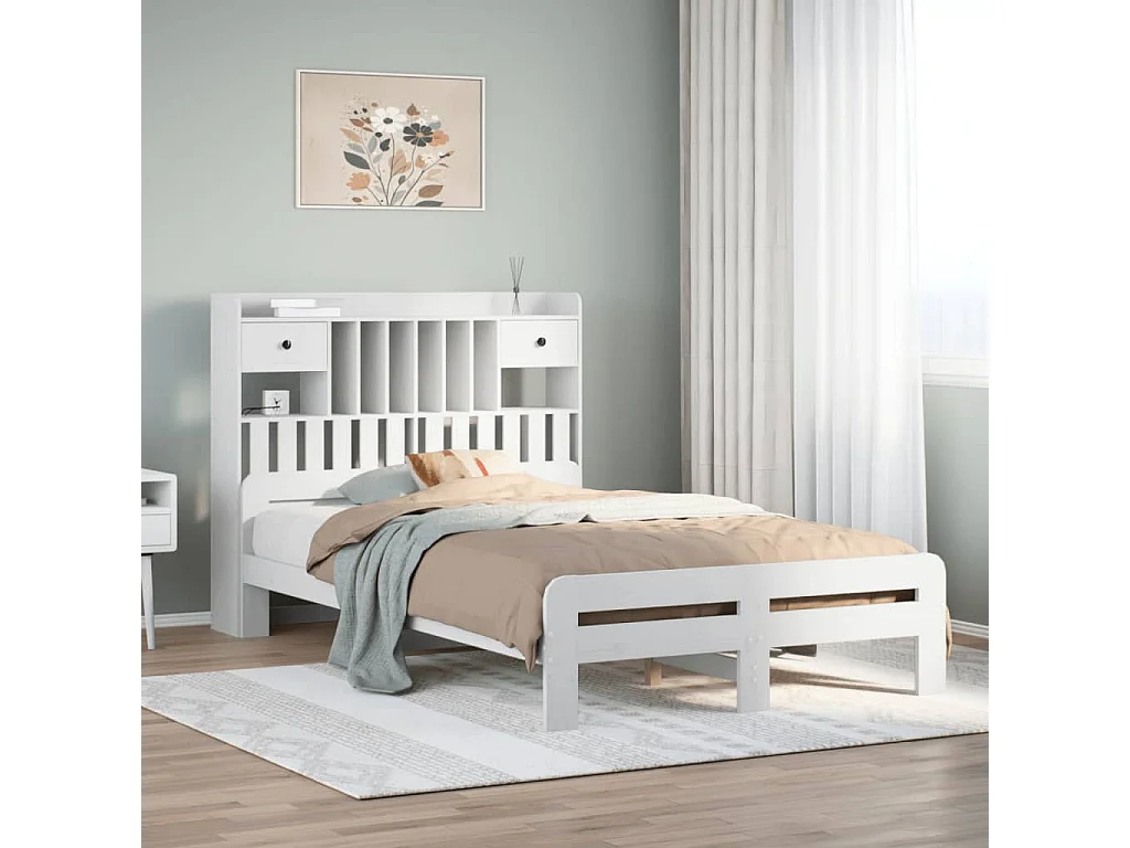 Lit bibliothèque sans matelas blanc 135x190 cm bois pin massif
